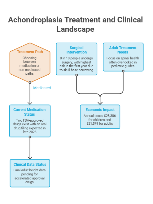Infographic showing Achondroplasia treatment paths, medication status, economic impact, and clinical data status.
