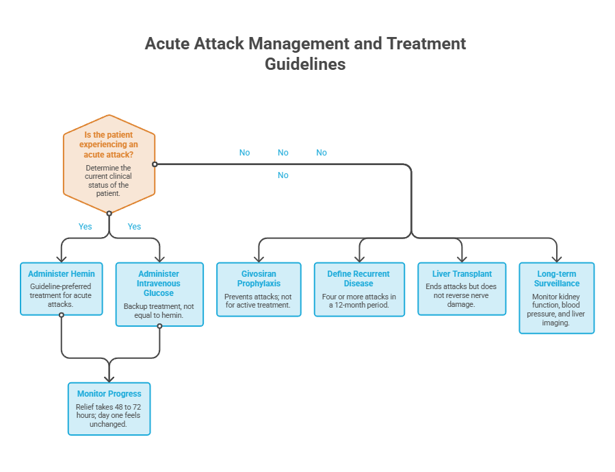 Flowchart outlining acute attack management and treatment guidelines, including decision points and treatments. Infographic.