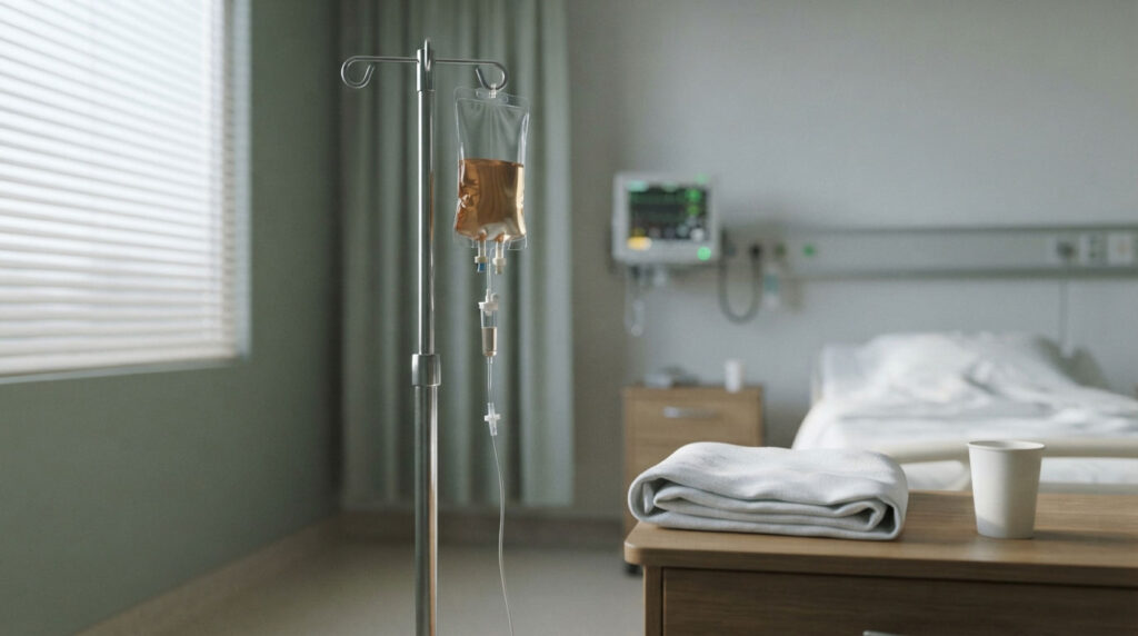 A hospital room with an IV stand, a bed, a folded blanket, and a cup on a wooden table.