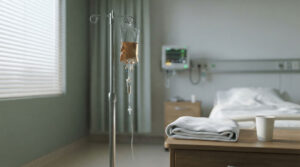 A hospital room with an IV stand, a bed, a folded blanket, and a cup on a wooden table.