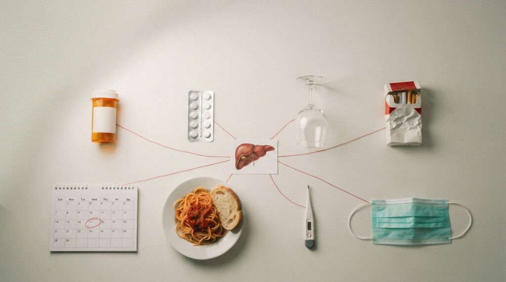 A plate of spaghetti with bread, surrounded by a calendar, medicine, a thermometer, and a mask on a table.