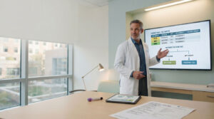 A doctor in a white coat presents a treatment decision tree on a screen in a bright office setting.