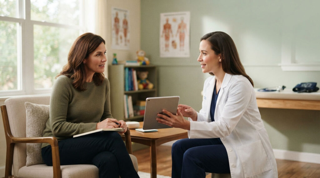 A doctor in a white coat discusses health with a patient in a cozy office setting.