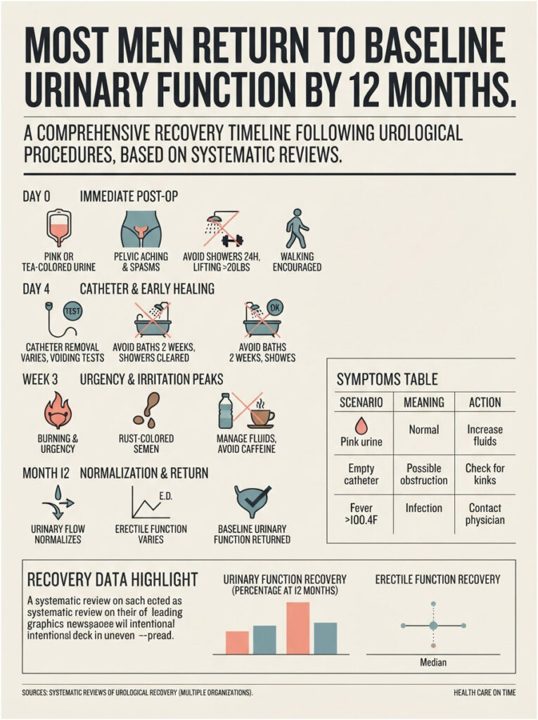 Infographic showing recovery timeline for urinary function post-urological procedures with key data and symptoms table.