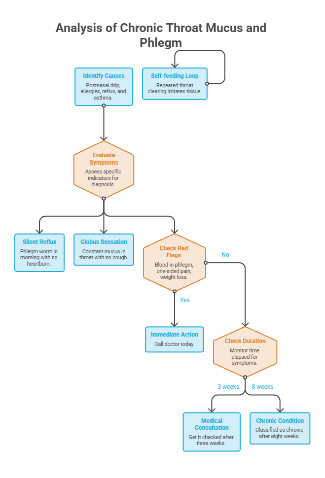 Flowchart analyzing chronic throat mucus and phlegm causes, symptoms, and actions to take. Infographic.
