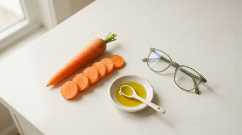 A whole carrot, sliced carrot rounds, olive oil in a bowl, and green glasses on a white surface.