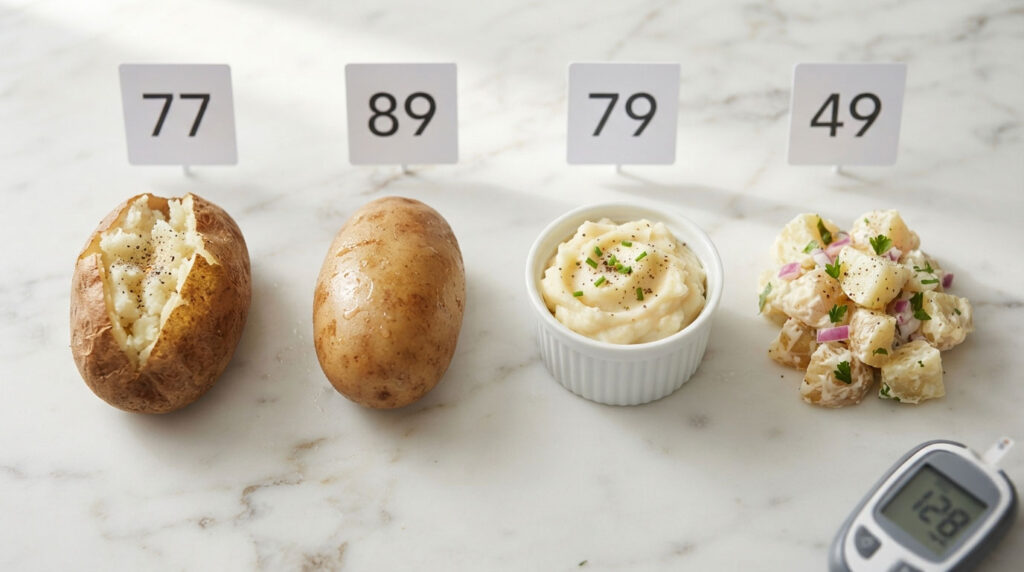 Baked and mashed potatoes with a potato salad on a marble surface, numbered cards indicate scores.