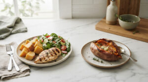 Grilled chicken breast, sweet potato, and salad on a marble table.