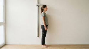A woman stands next to a height measuring device in a bright room with wooden flooring.