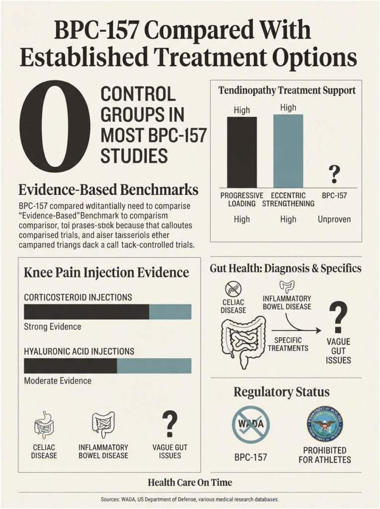 Infographic comparing BPC-157 with treatment options, showing evidence levels for injections and gut health issues.