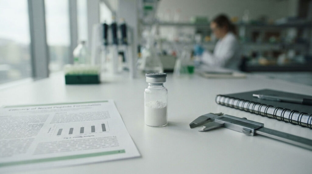 A glass vial containing white powder sits on a lab table next to a research paper and calipers.