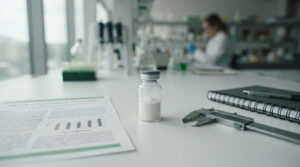 A glass vial containing white powder sits on a lab table next to a research paper and calipers.