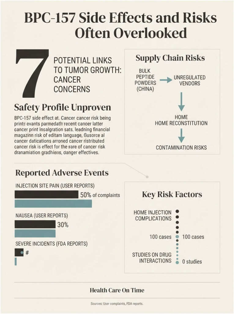Infographic showing BPC-157 side effects, cancer risks, and supply chain concerns with statistics and icons.