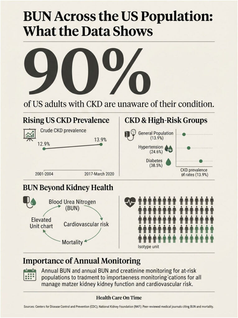 Infographic showing BUN data in the US, highlighting CKD awareness, prevalence, and health risks with statistics and icons.