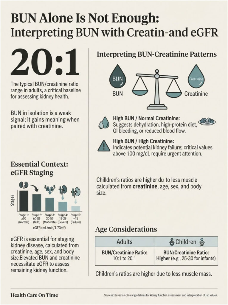Infographic explaining BUN and creatinine ratios for kidney health, with charts and key data points on eGFR staging.