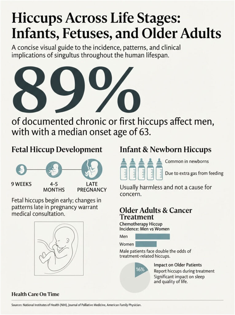 Infographic showing hiccup patterns across life stages with statistics on fetal, infant, and older adult hiccups.