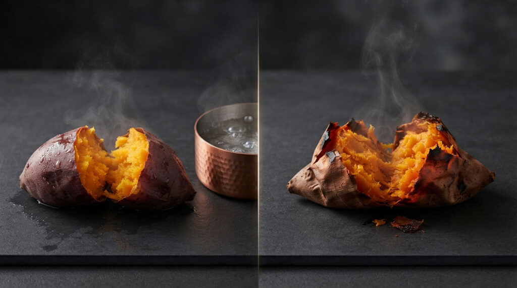 A split sweet potato reveals its orange flesh, with steam rising beside a copper bowl of water.