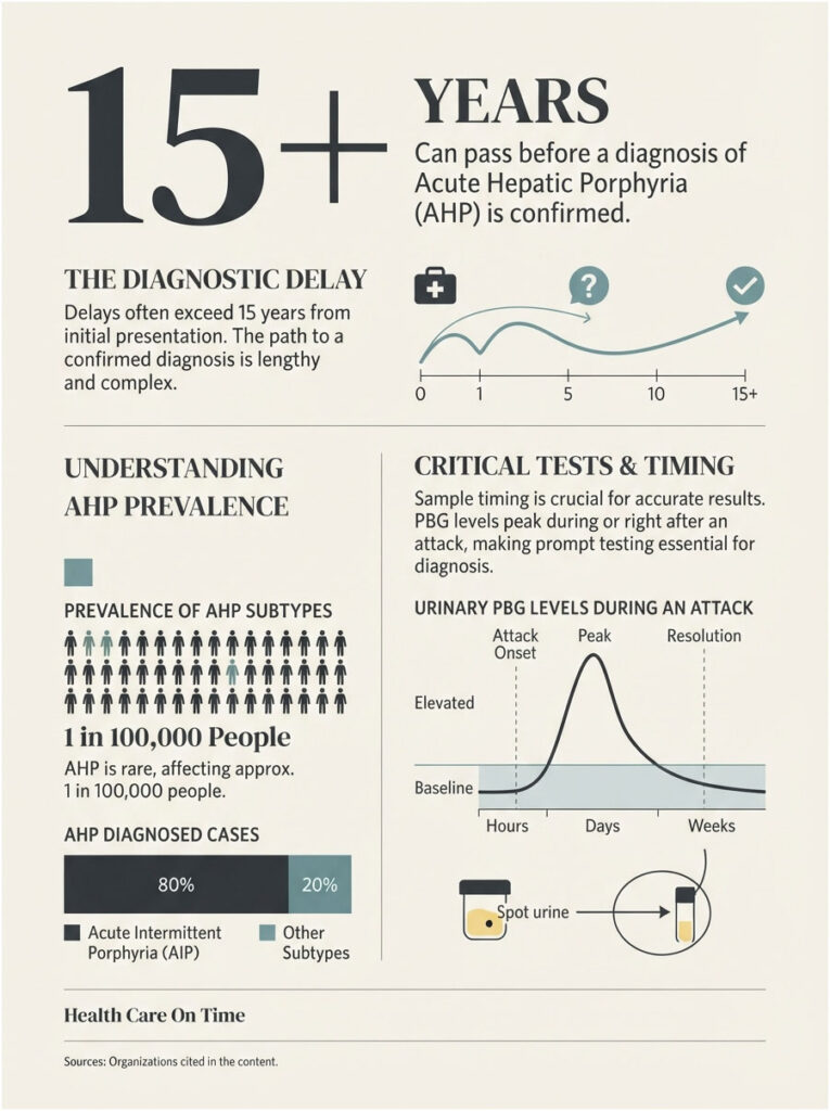 Infographic showing diagnostic delay, AHP prevalence, critical tests, and urinary PBG levels during an attack.