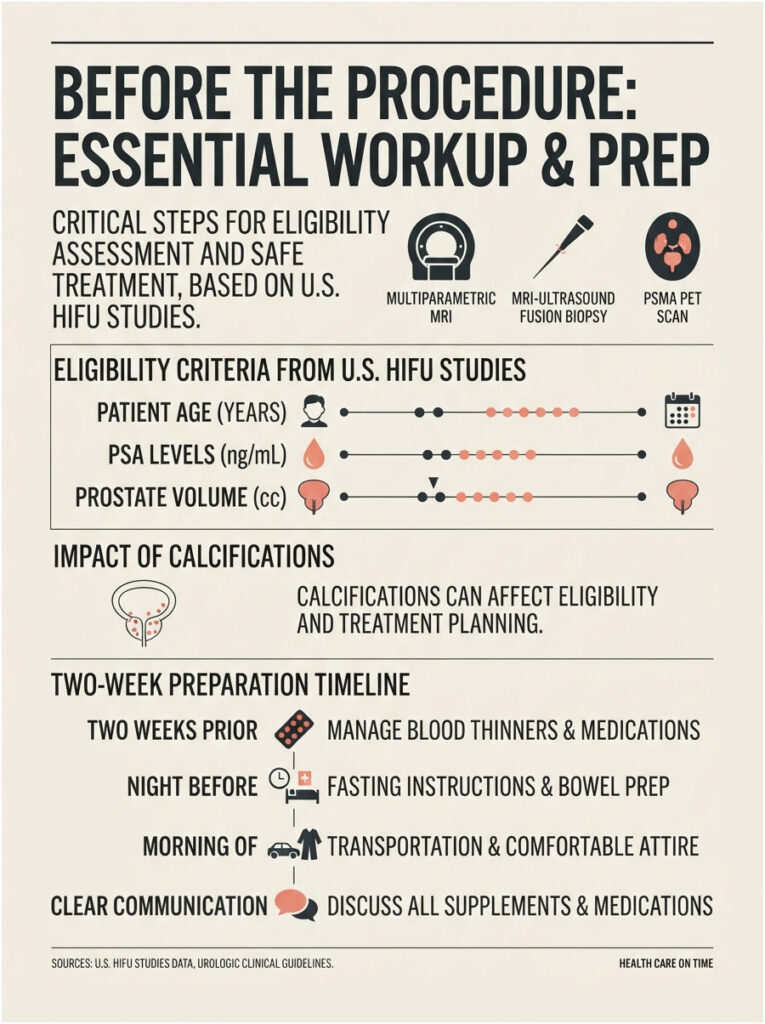 Infographic detailing essential workup and prep steps for HIFU procedure, including eligibility criteria and timeline.