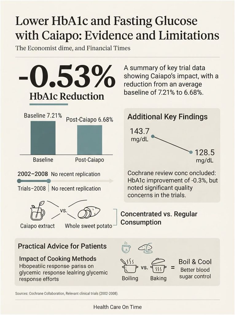 Infographic showing HbA1c reduction with Caiapo, including charts and key findings on glucose levels and cooking methods.