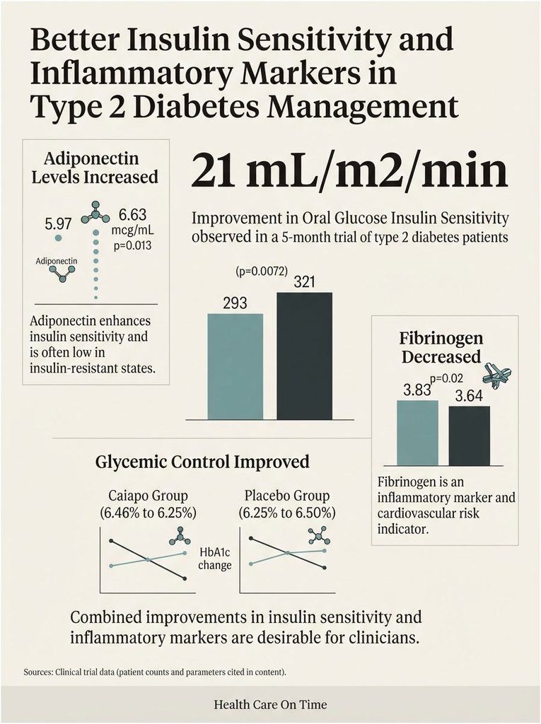 Infographic showing insulin sensitivity and inflammatory markers in type 2 diabetes management with charts and data points.