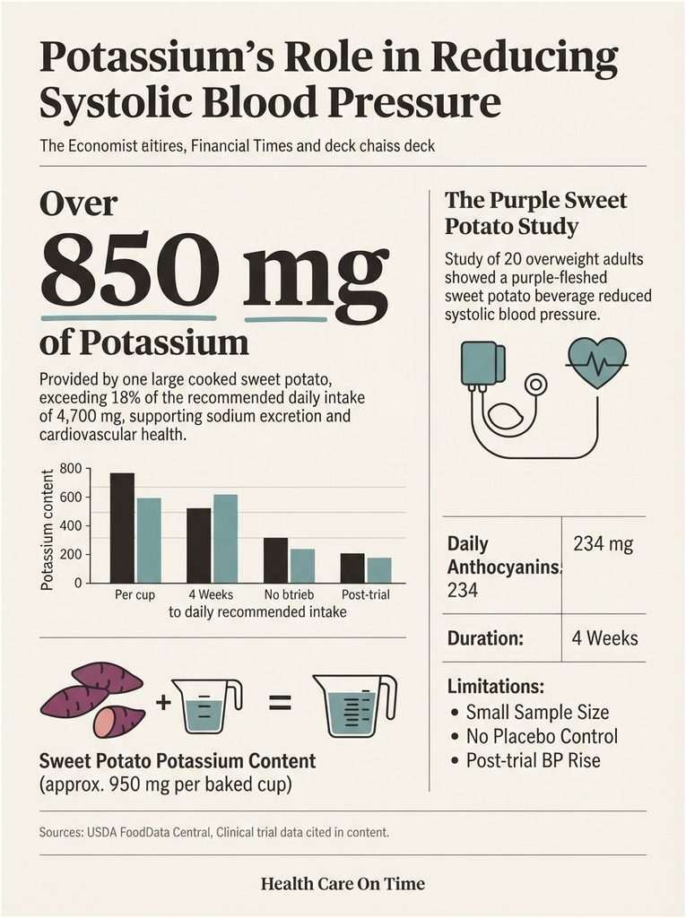 Infographic showing potassium's role in blood pressure, featuring data on sweet potatoes and a bar graph of potassium content.