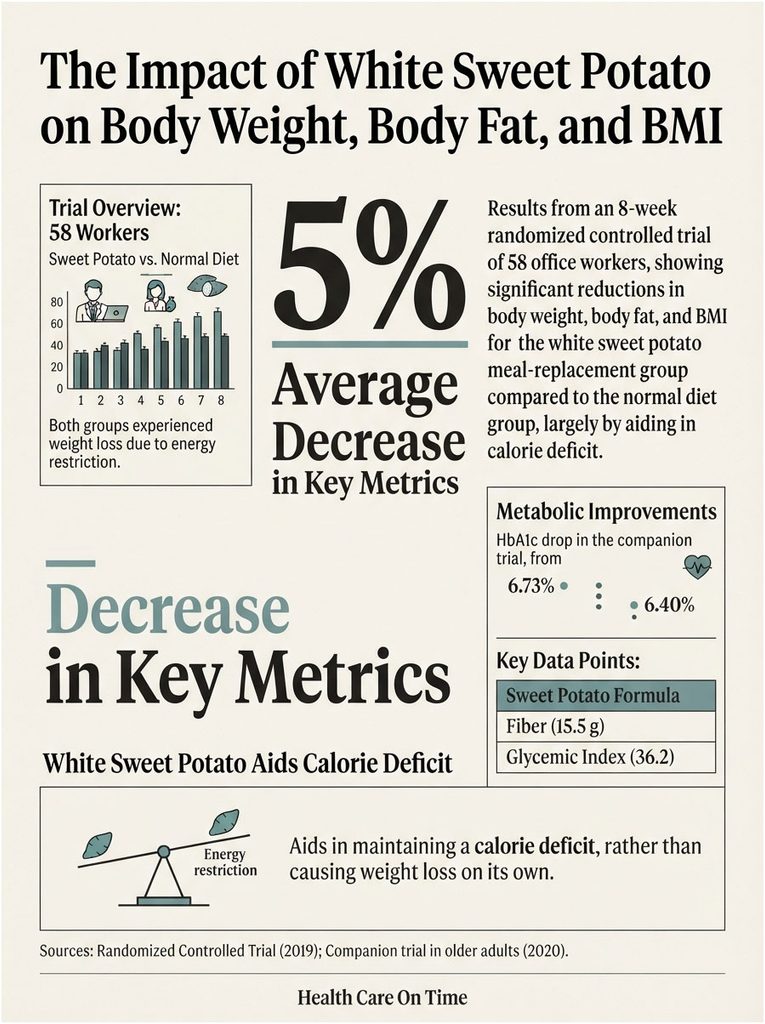 Infographic showing the impact of white sweet potato on body weight, body fat, and BMI with key data points and charts.