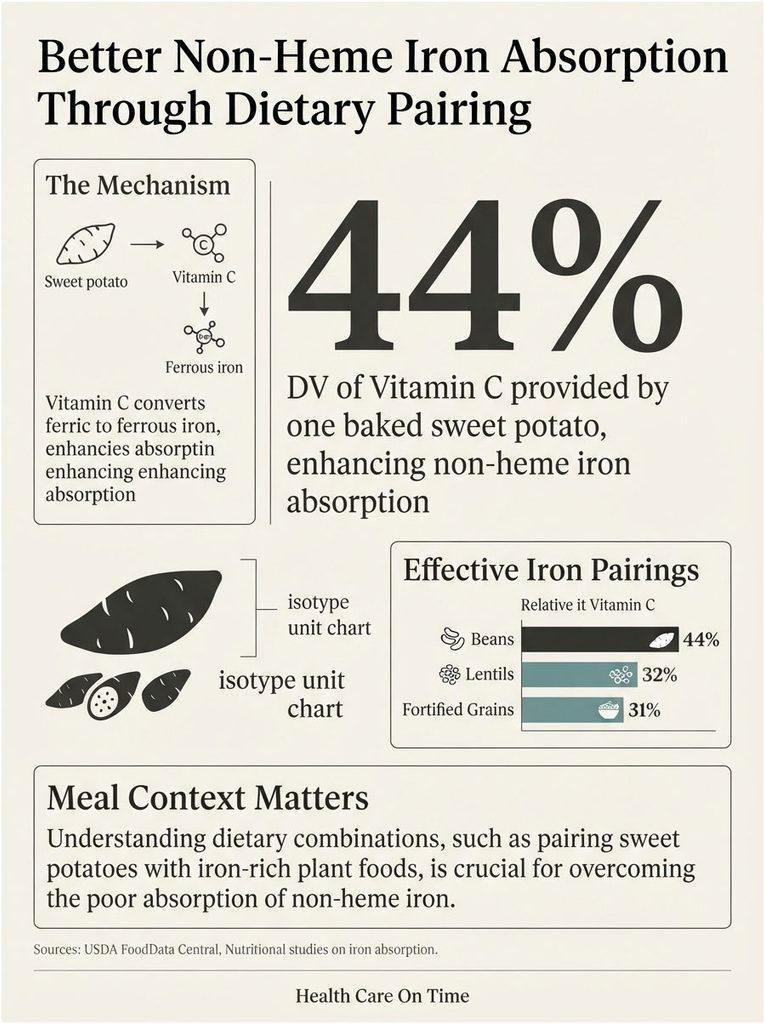 Infographic showing vitamin C's role in enhancing non-heme iron absorption from sweet potatoes and food pairings.
