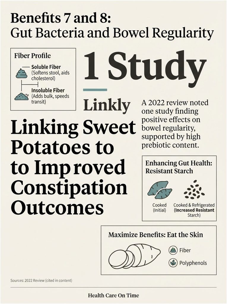 Infographic showing benefits of sweet potatoes for gut health, including fiber types and study findings.