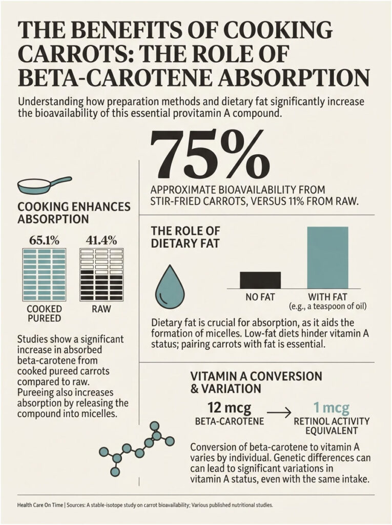 Infographic showing benefits of cooking carrots, highlighting bioavailability of beta-carotene from different cooking methods.