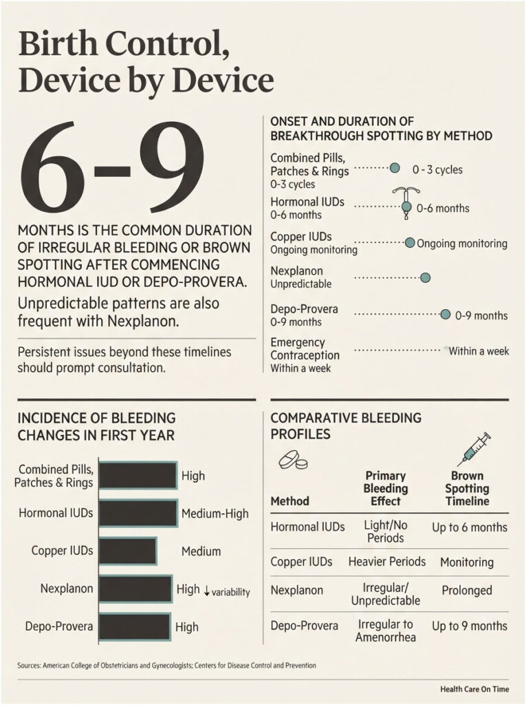 Infographic showing birth control methods, bleeding patterns, and timelines for various devices and methods.