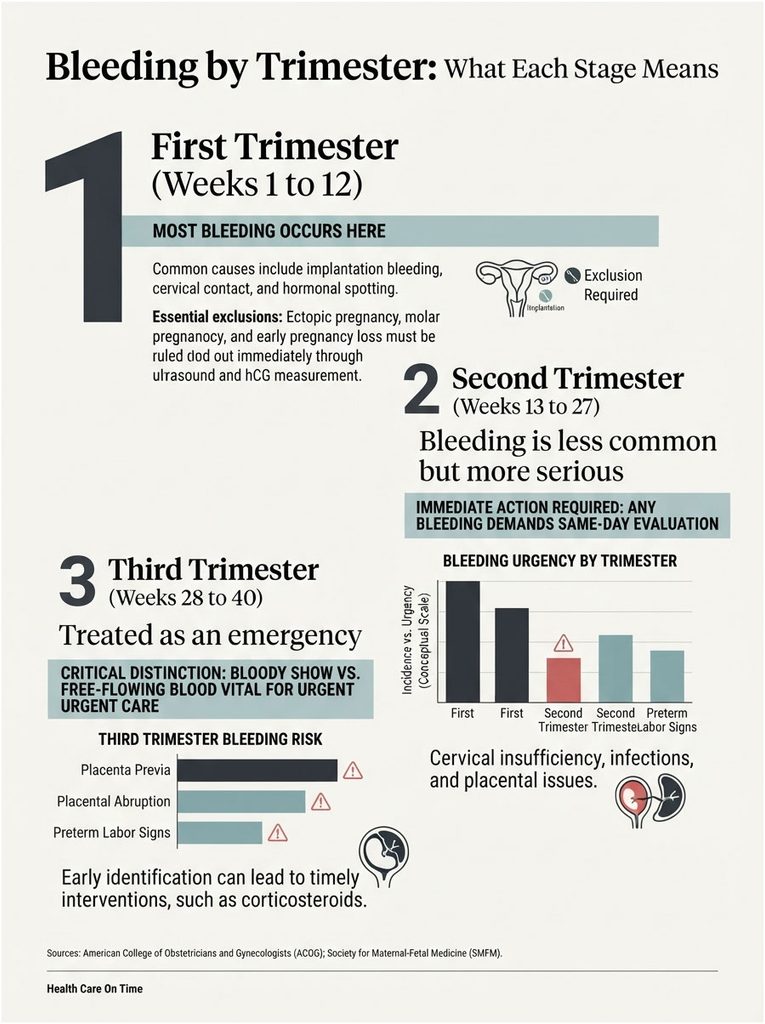 Infographic detailing bleeding by trimester, including causes, urgency, and risks associated with each stage.