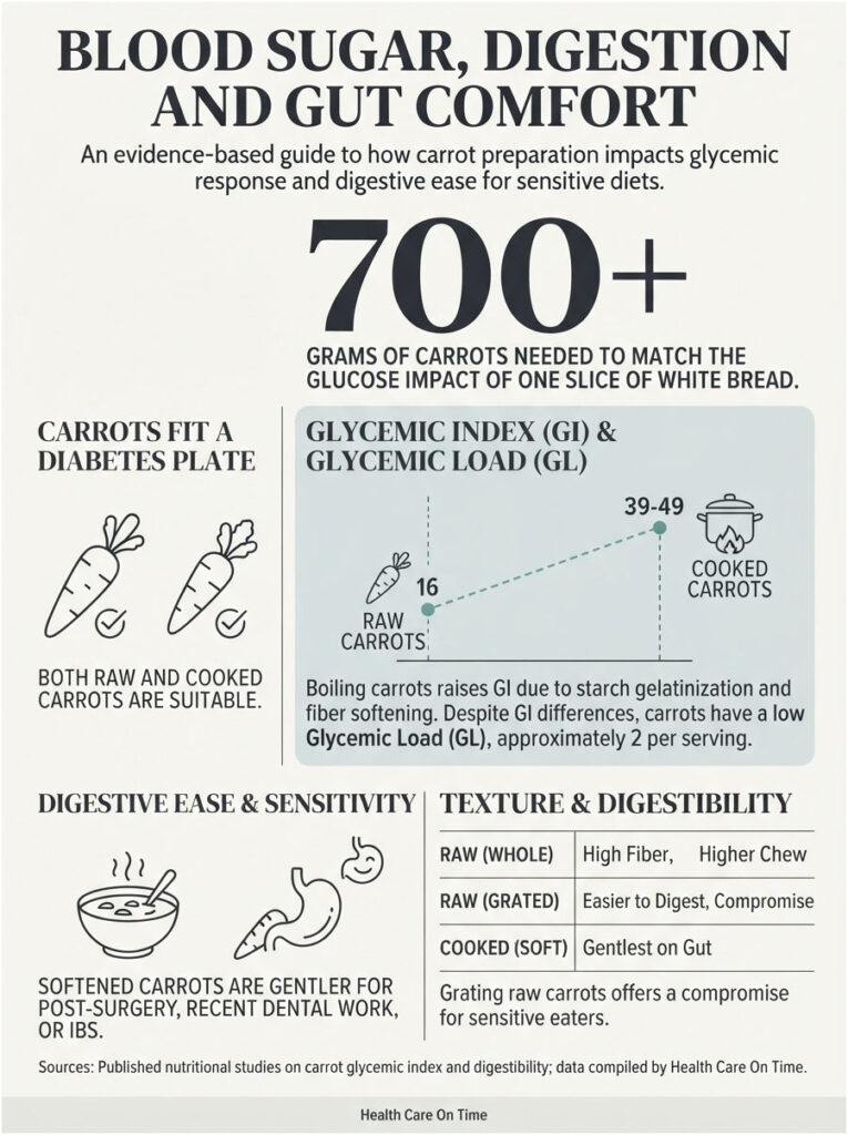 Infographic showing blood sugar effects of raw and cooked carrots, glycemic index, and digestive ease for sensitive diets.
