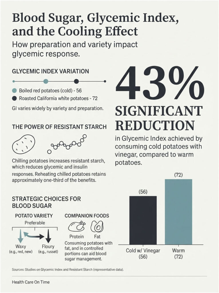 Infographic showing blood sugar, glycemic index, and cooling effect with charts and data on potatoes and vinegar.