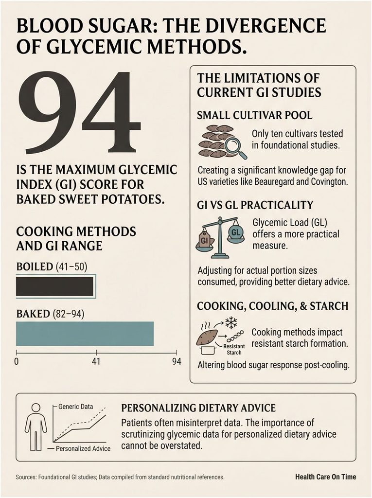 Infographic showing glycemic index scores for baked and boiled sweet potatoes, highlighting dietary advice and cooking methods.