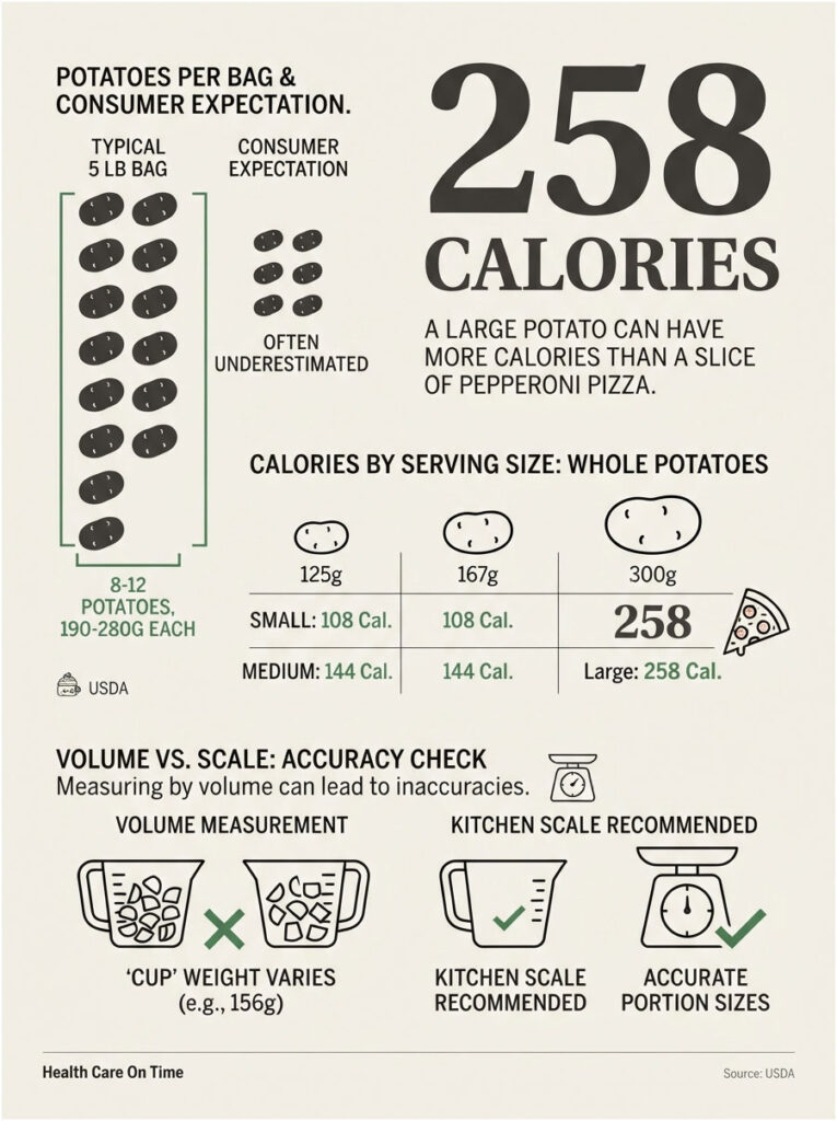 Infographic showing potato calorie counts and serving sizes with illustrations of potatoes and measuring tools.