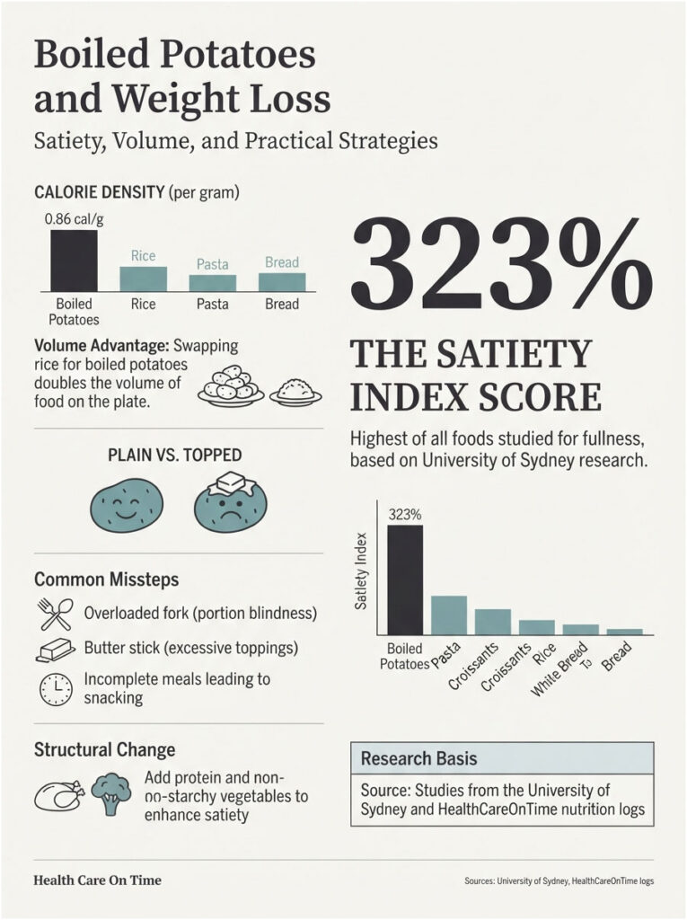 Infographic showing boiled potatoes' satiety index score of 323%, comparing calorie density with rice, pasta, and bread.