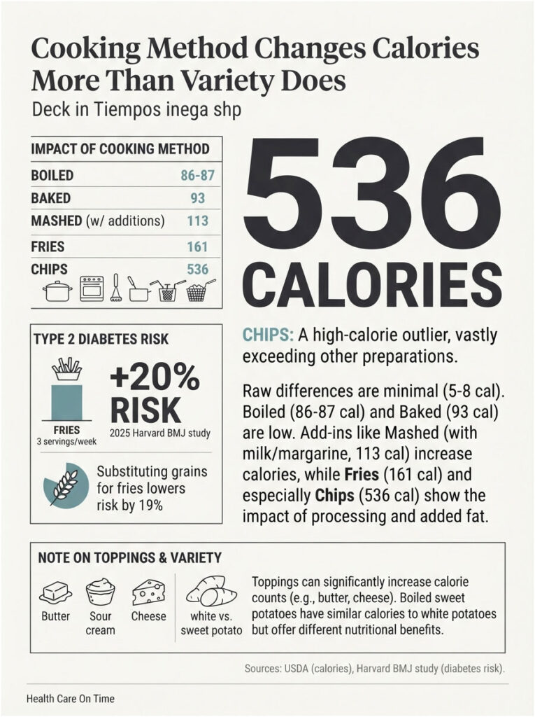 Infographic showing calorie counts for cooking methods: boiled, baked, mashed, fries, and chips, highlighting chips at 536 calories.