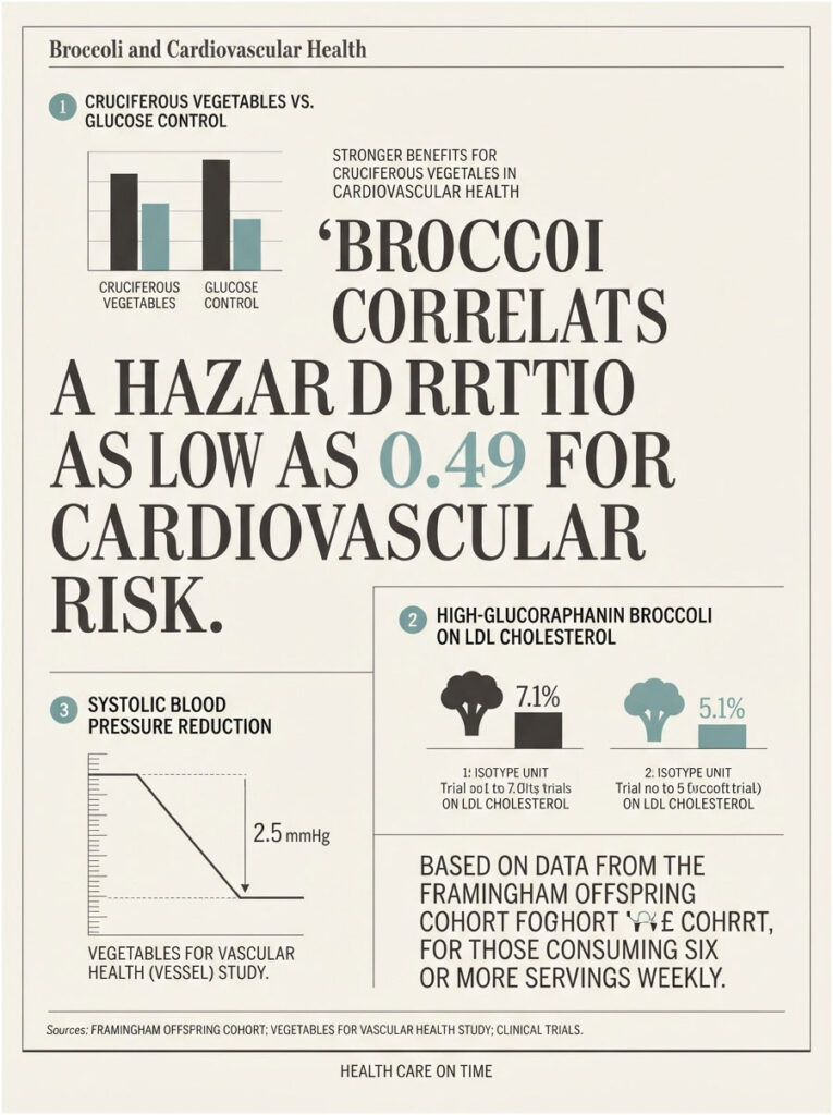 Infographic showing benefits of cruciferous vegetables on cardiovascular health, including graphs and statistics.
