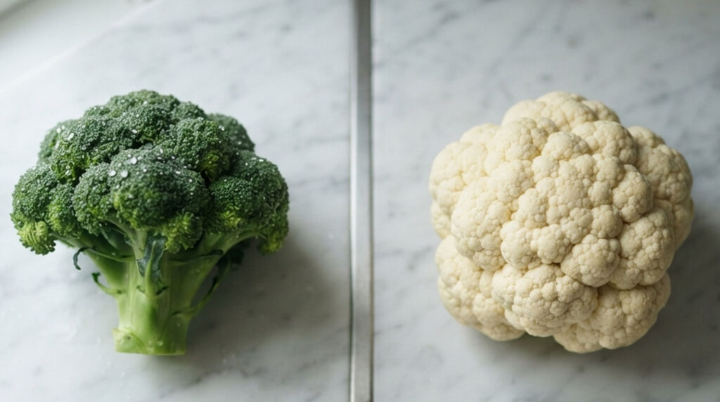 Fresh broccoli and cauliflower sit on a marble countertop, showcasing vibrant green and white colors.