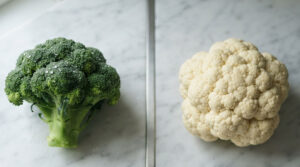 Fresh broccoli and cauliflower sit on a marble countertop, showcasing vibrant green and white colors.