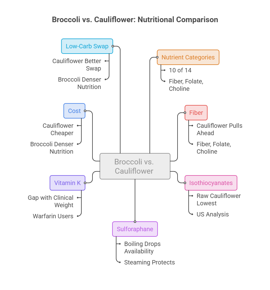 Nutritional comparison of broccoli and cauliflower with categories like fiber, cost, and vitamin K. Infographic.