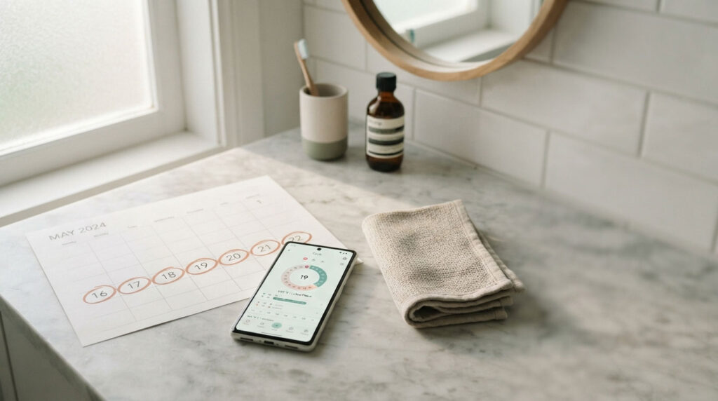 A smartphone displays a health app next to a calendar, towel, and toiletries on a marble countertop.