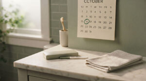 A calendar displaying October 16, a pregnancy test, and a folded towel on a marble countertop.