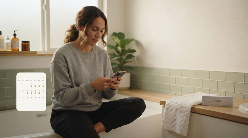 A woman sits on a bathtub edge, using her phone, with a calendar app visible and plants in the background.
