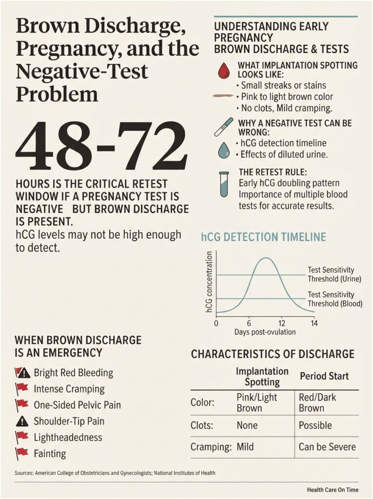 Infographic explaining brown discharge, pregnancy, and negative test results with charts and emergency signs.
