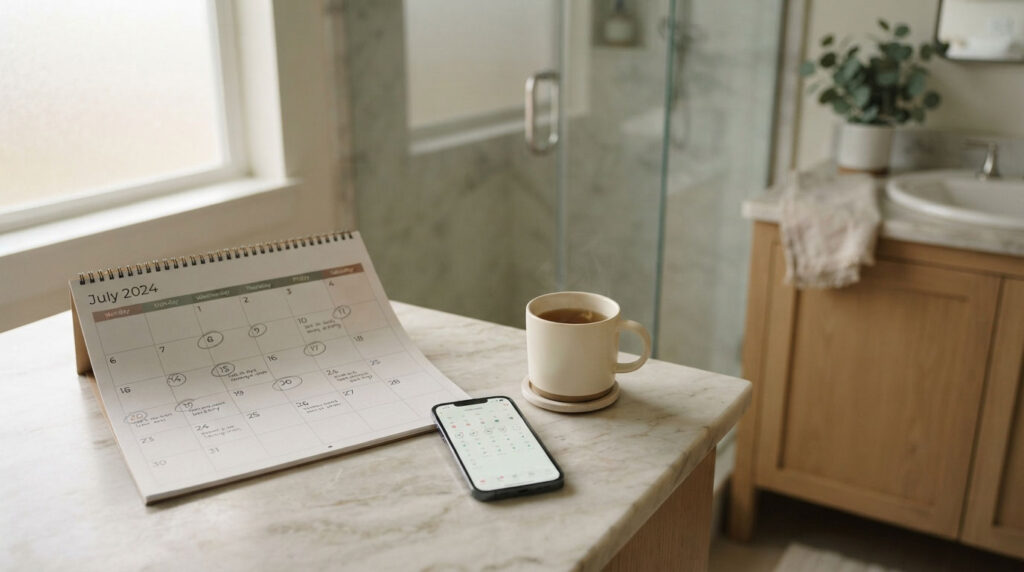 A calendar for July 2024, a smartphone, and a steaming cup on a marble countertop in a bathroom setting.