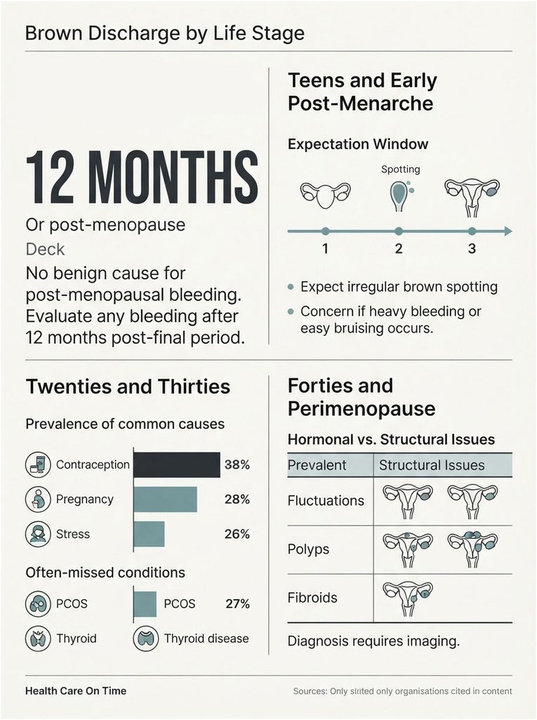 Infographic showing brown discharge causes by life stage, including statistics and illustrations of reproductive health.