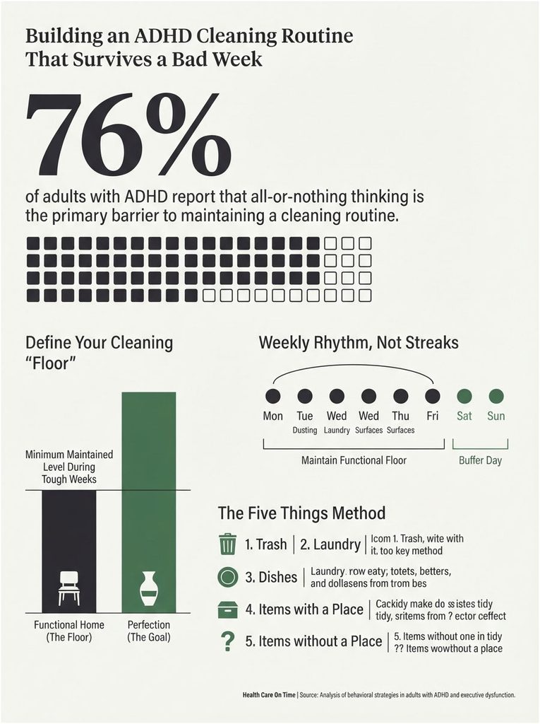 Infographic showing ADHD cleaning routine tips, including statistics, weekly rhythm, and the Five Things Method.