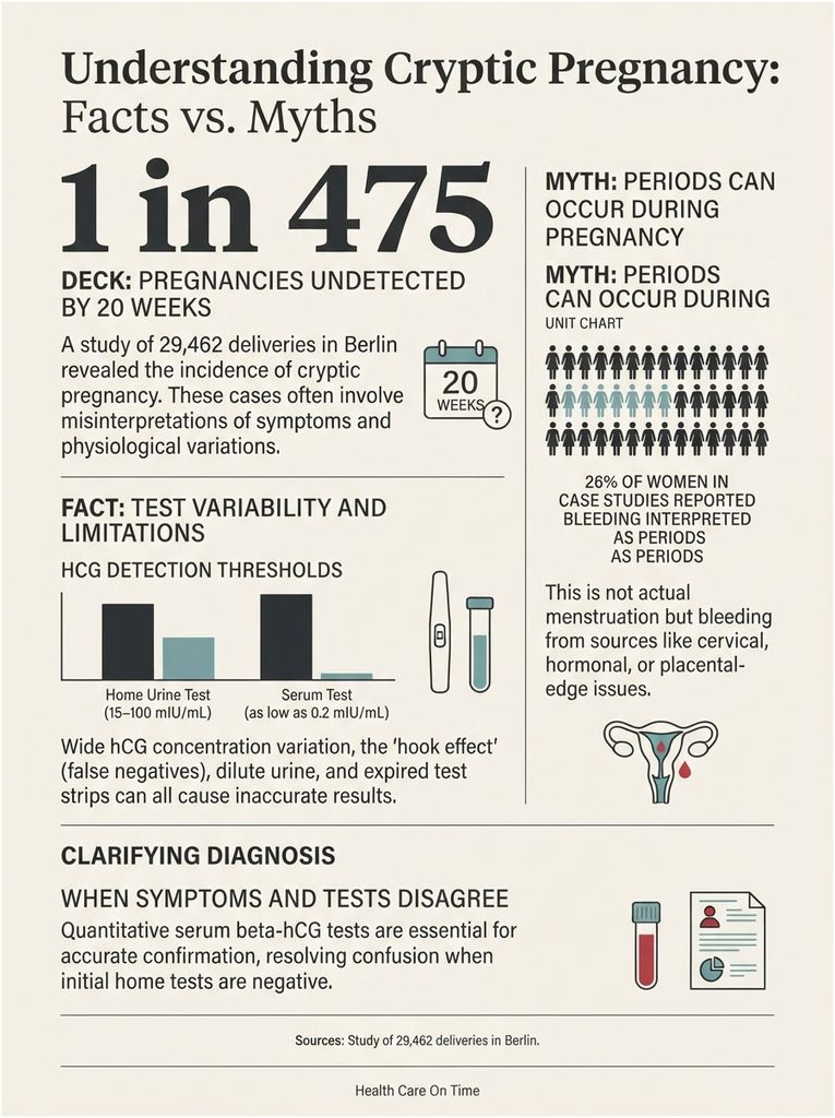 Infographic explaining cryptic pregnancy, including statistics, myths, and test variability data.
